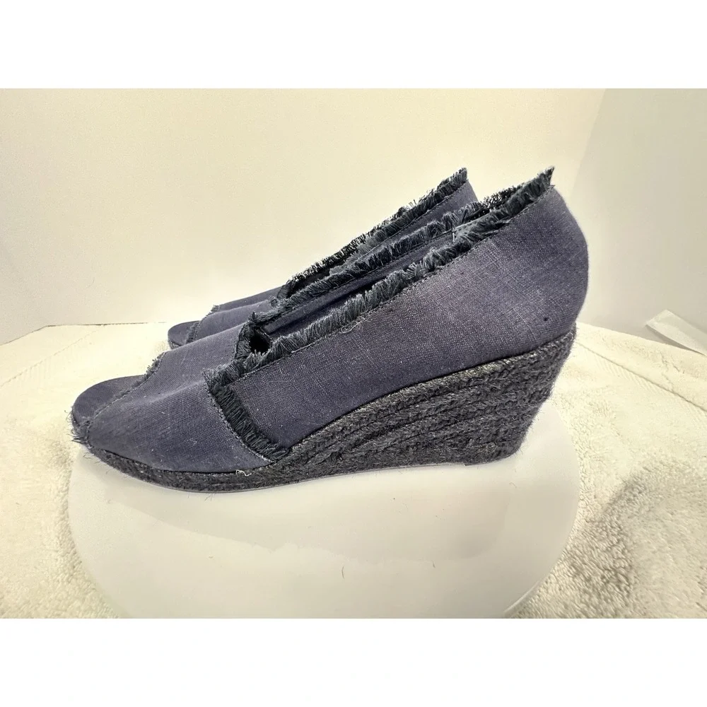 Ralph Lauren Linen Peep Toe Navy Blue Espadrilles Wedge Womens Sz 9‎ French chic